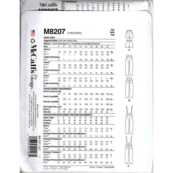 McCall's M8207 Misses 16 to 24 Pants and Shorts New Uncut Sewing Pattern - Picture 2 of 2